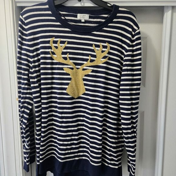 crown & ivy Sweaters - Crown & Ivy navy striped cotton holiday sweater with deer XL